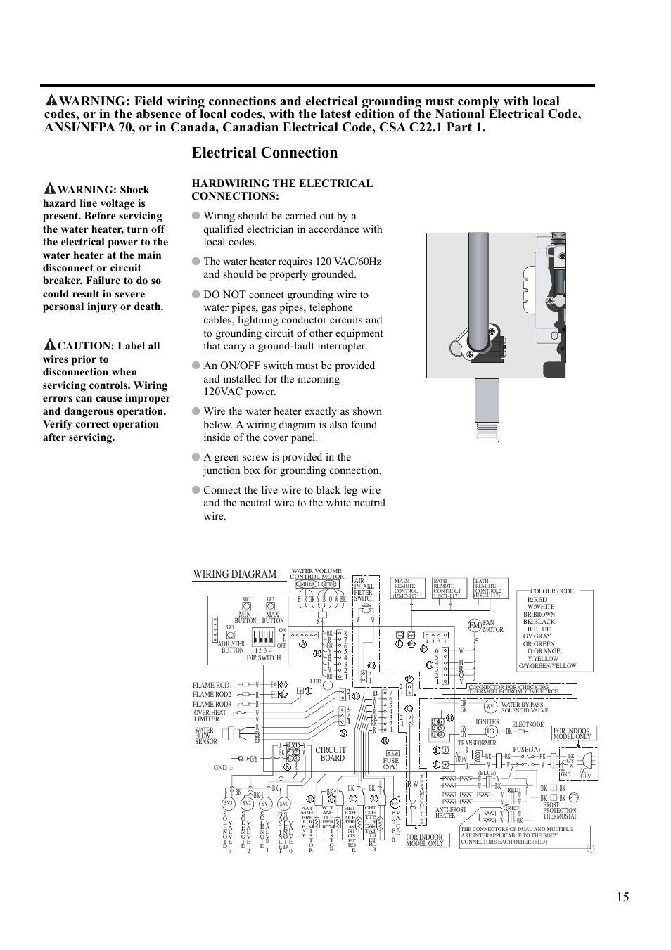 Electrical connection, Wiring diagram | Rheem AP13592 User Manual | Page 15 / 28