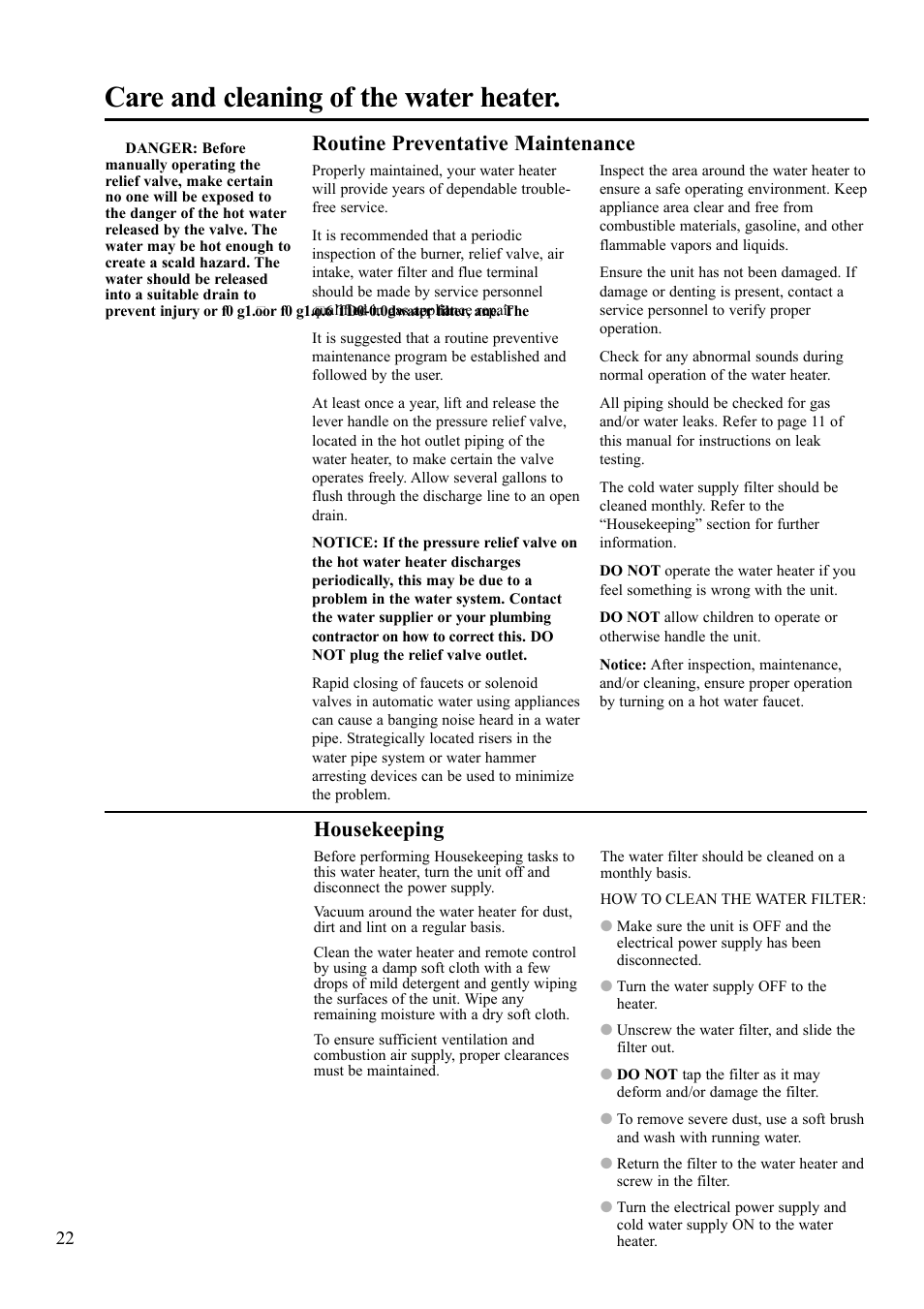 Care and cleaning of the water heater, Routine preventative maintenance, Housekeeping | Rheem AP13592 User Manual | Page 22 / 28