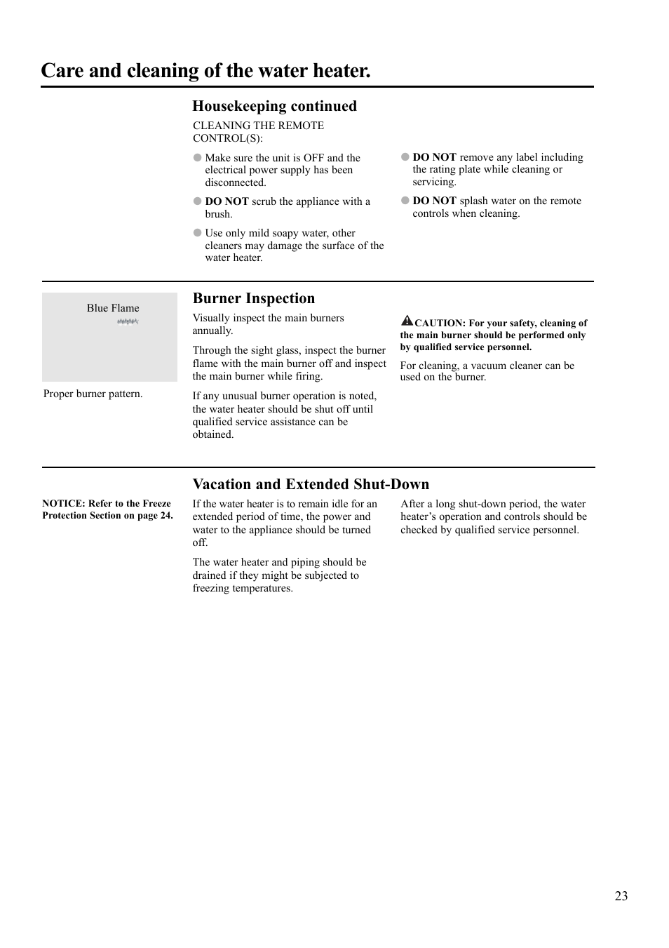 Care and cleaning of the water heater, Burner inspection, Vacation and extended shut-down | Housekeeping continued | Rheem AP13592 User Manual | Page 23 / 28