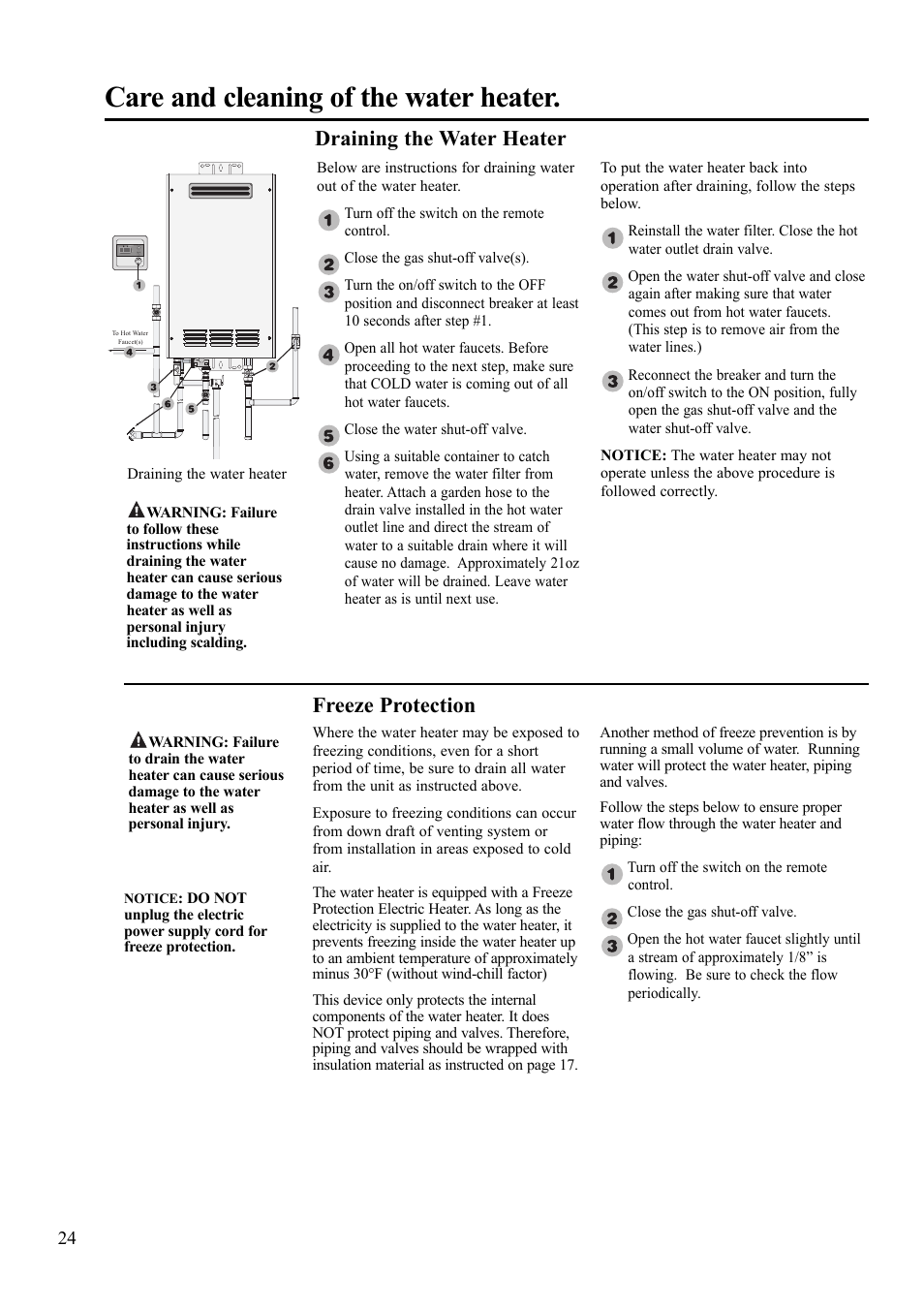 Care and cleaning of the water heater, Draining the water heater freeze protection | Rheem AP13592 User Manual | Page 24 / 28