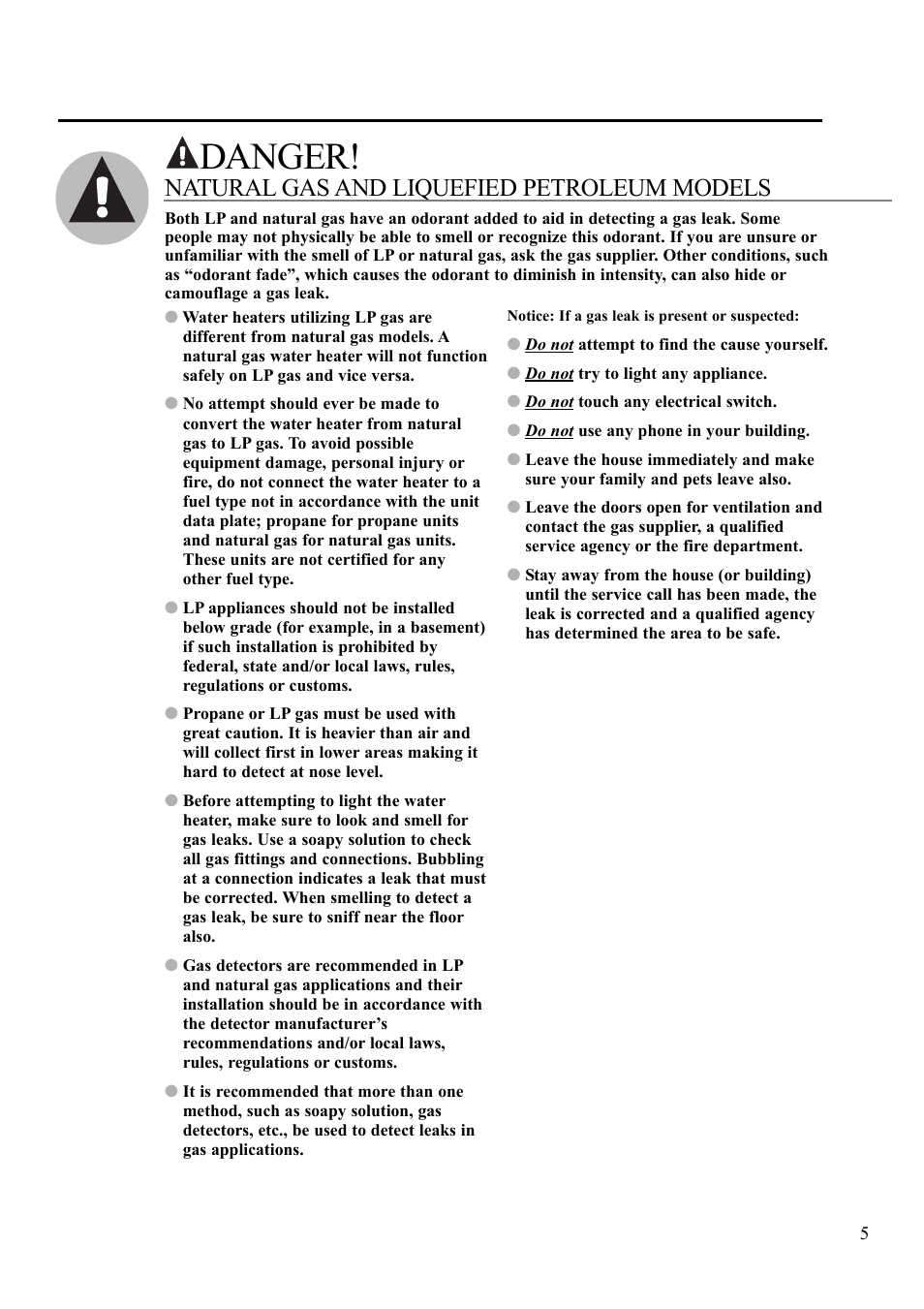 Danger, Natural gas and liquefied petroleum models | Rheem AP13592 User Manual | Page 5 / 28