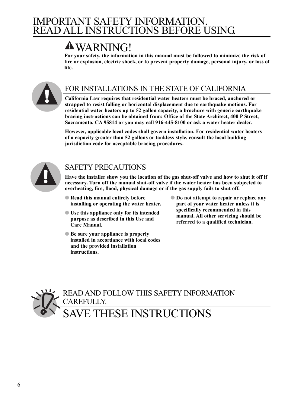 Warning, Save these instructions | Rheem AP13592 User Manual | Page 6 / 28