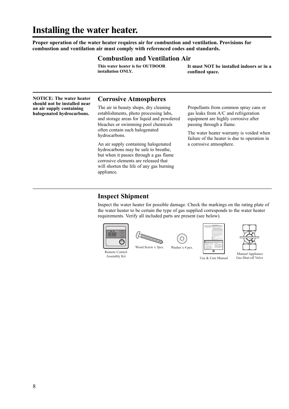 Installing the water heater, Combustion and ventilation air, Corrosive atmospheres | Inspect shipment | Rheem AP13592 User Manual | Page 8 / 28