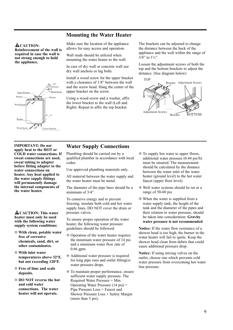 Water supply connections, Mounting the water heater | Rheem AP13592 User Manual | Page 9 / 28