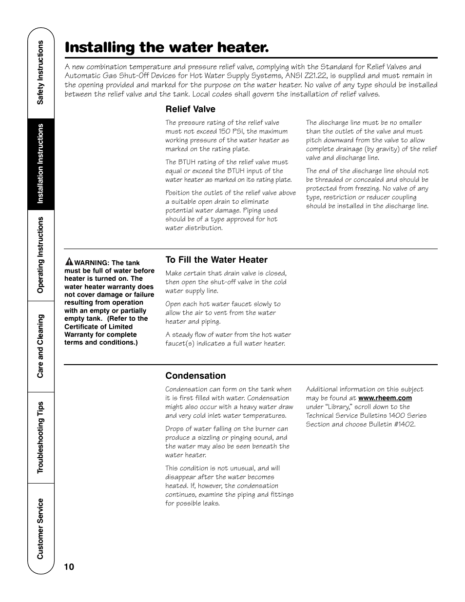 Installing the water heater | Rheem GG Series User Manual | Page 10 / 28