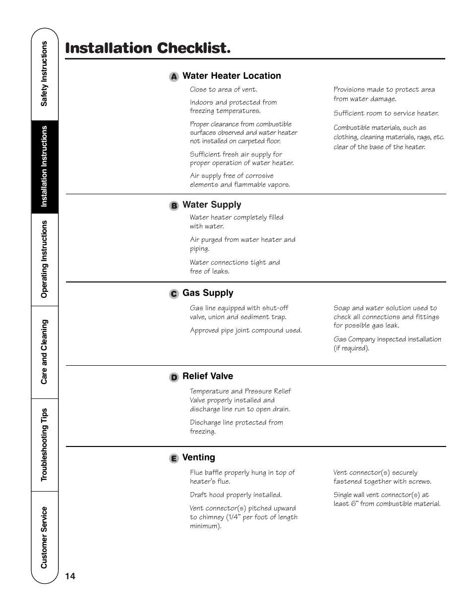 Installation checklist | Rheem GG Series User Manual | Page 14 / 28