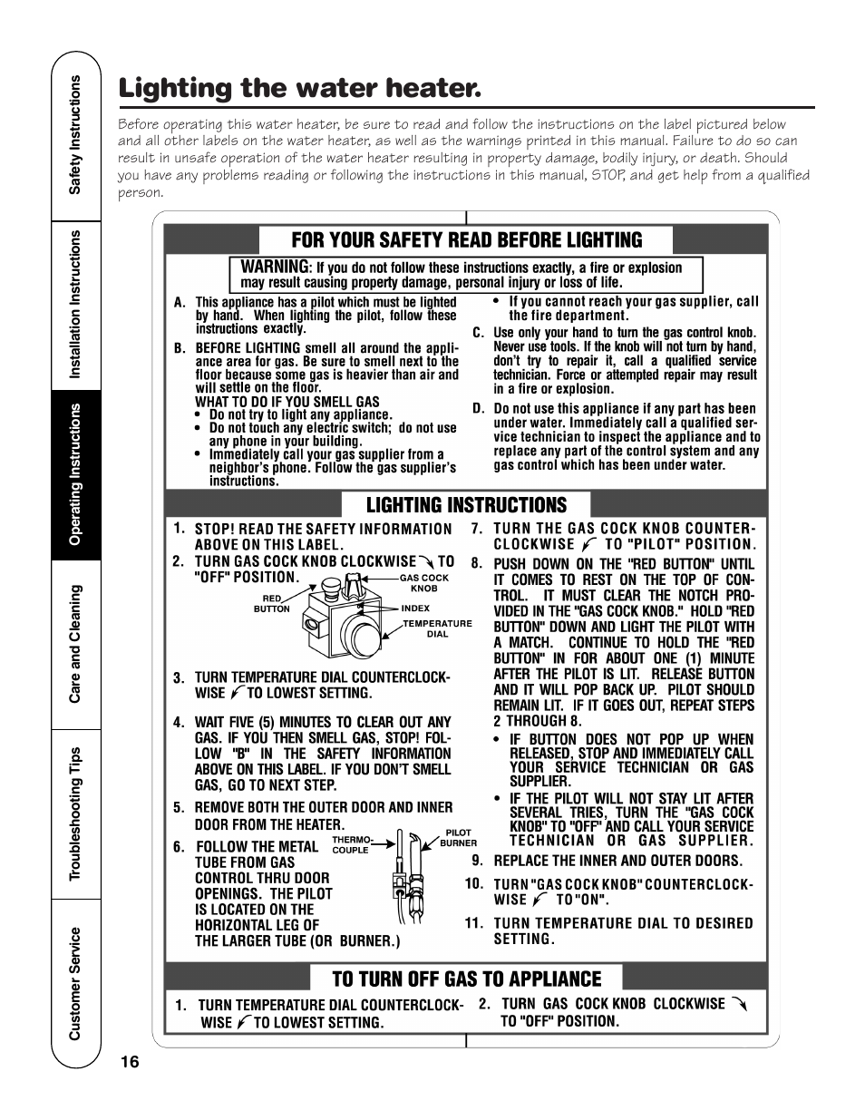 Lighting the water heater | Rheem GG Series User Manual | Page 16 / 28