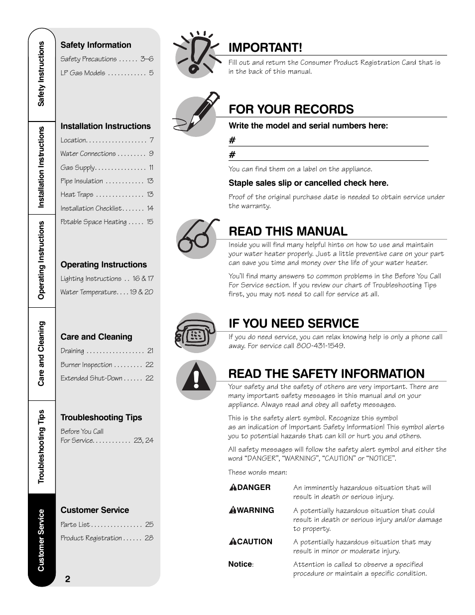 Read this manual for your records, Important, If you need service | Read the safety information | Rheem GG Series User Manual | Page 2 / 28