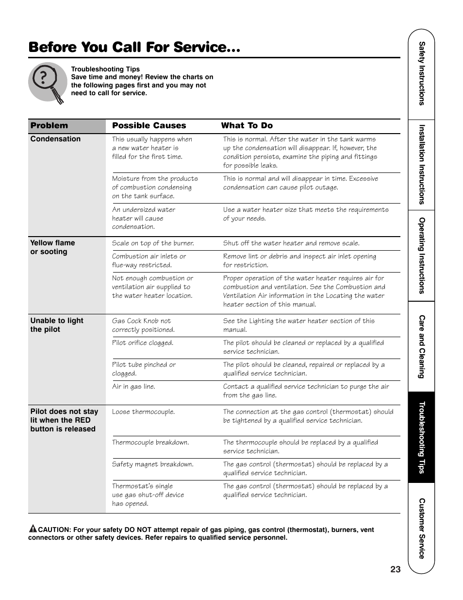 Before you call for service | Rheem GG Series User Manual | Page 23 / 28