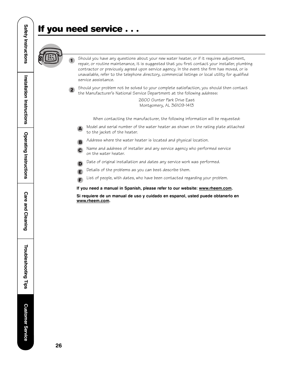 If you need service | Rheem GG Series User Manual | Page 26 / 28