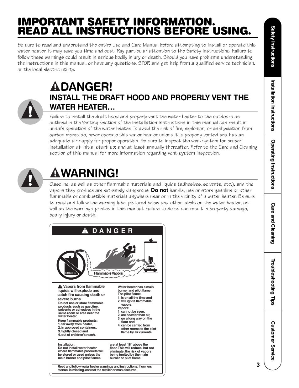 Danger, Warning | Rheem GG Series User Manual | Page 3 / 28