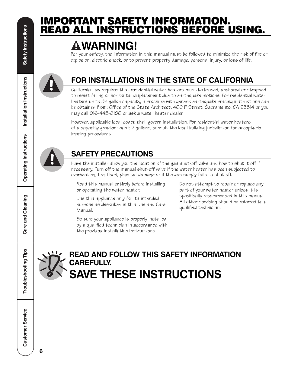Warning, Save these instructions, Safety precautions | For installations in the state of california, Read and follow this safety information carefully | Rheem GG Series User Manual | Page 6 / 28