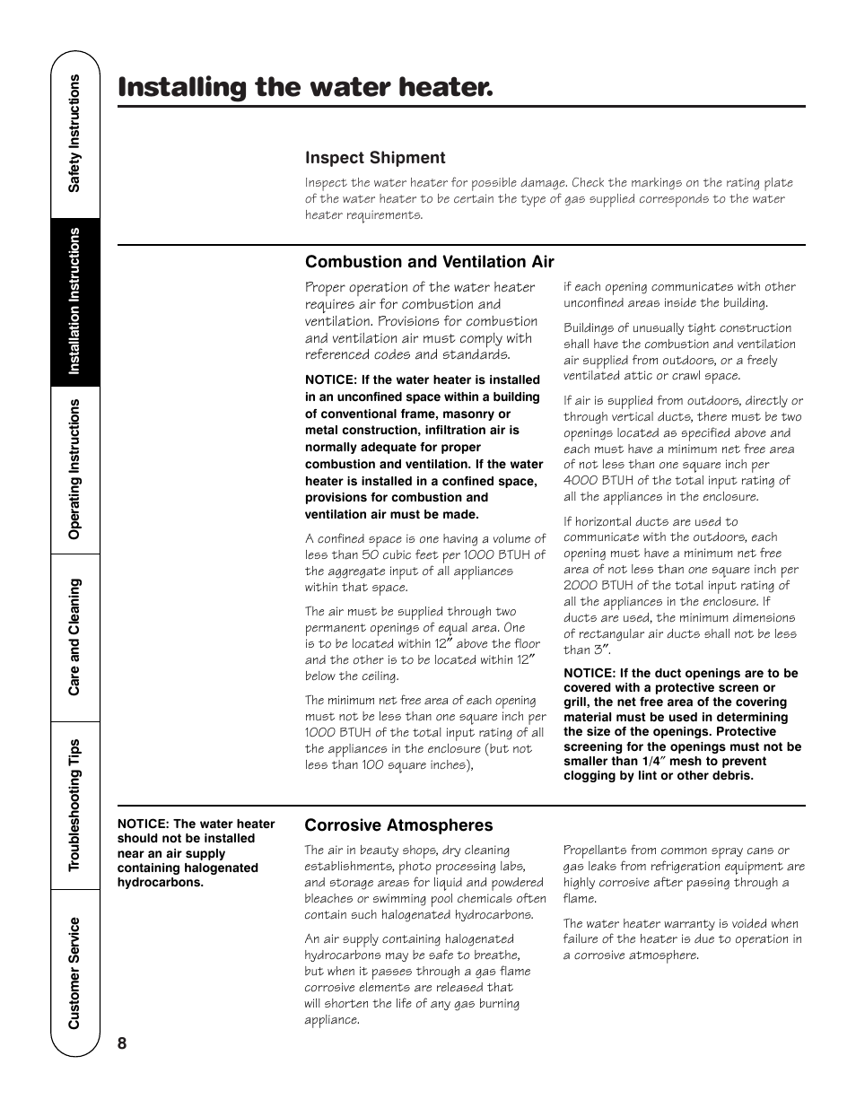 Installing the water heater | Rheem GG Series User Manual | Page 8 / 28