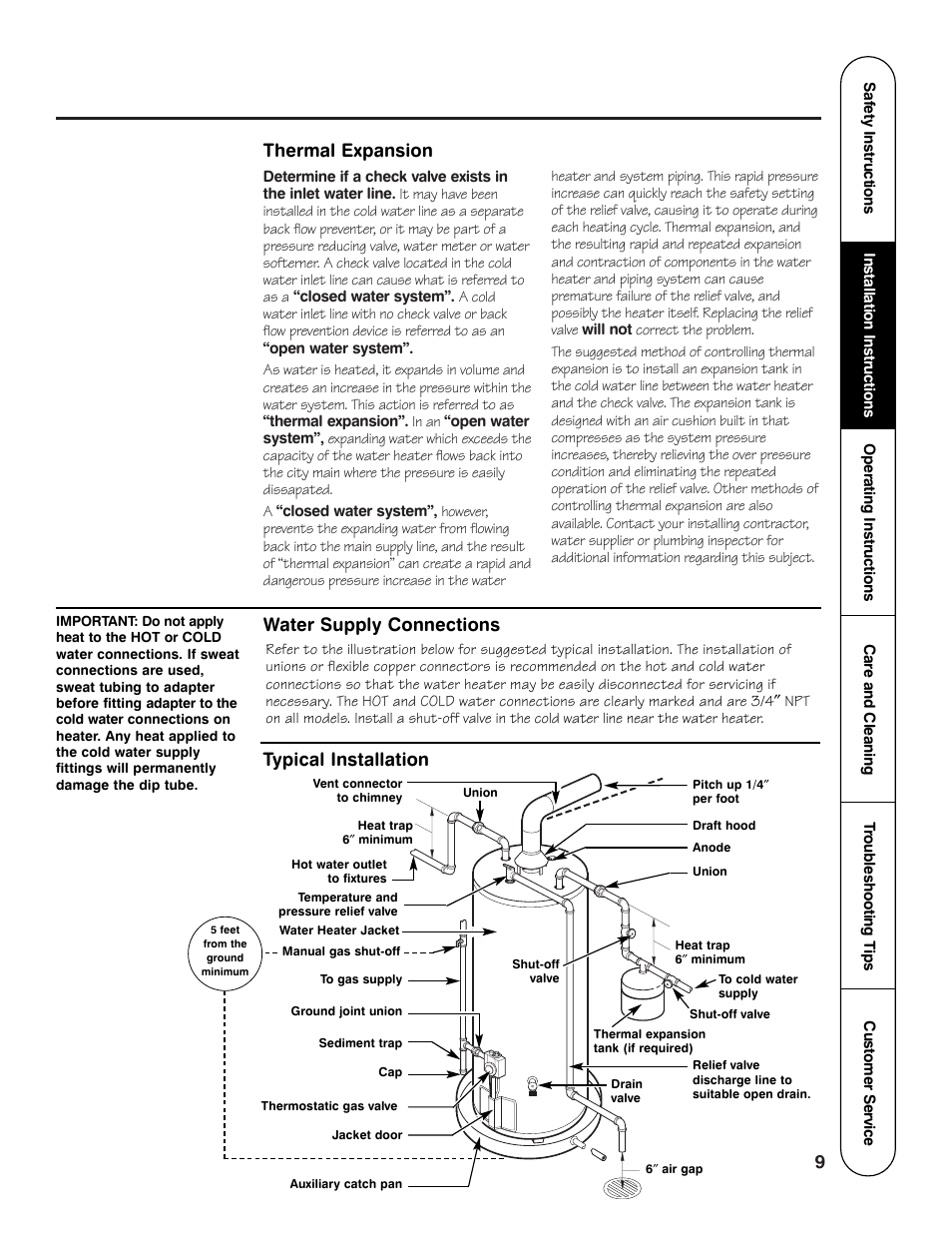 Thermal expansion water supply connections, Typical installation | Rheem GG Series User Manual | Page 9 / 28