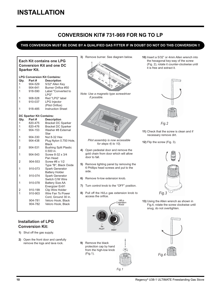 Installation, Installation of lpg conversion kit, Fig.4 | Fig.3 | Regency U38-LP1 User Manual | Page 10 / 32