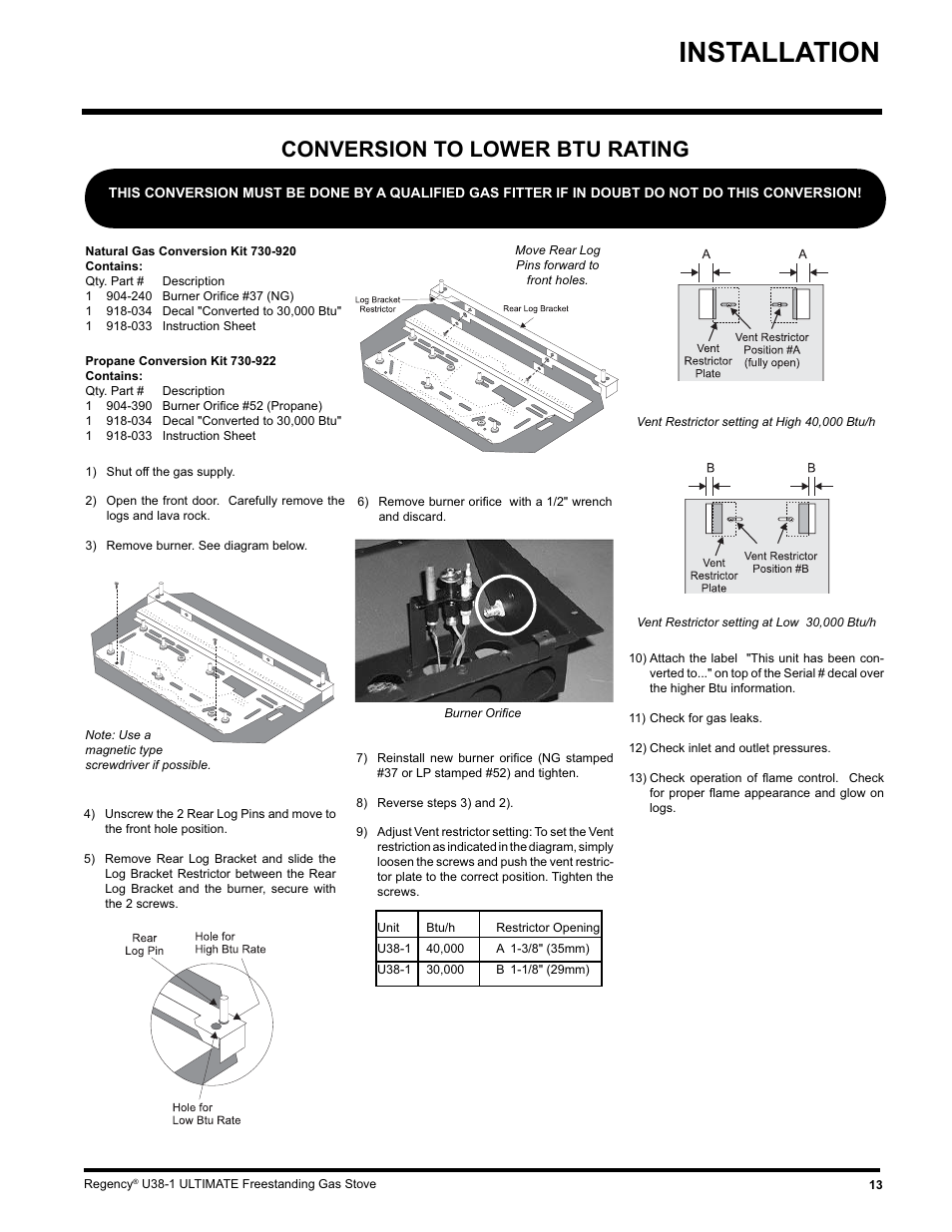 Installation, Conversion to lower btu rating | Regency U38-LP1 User Manual | Page 13 / 32