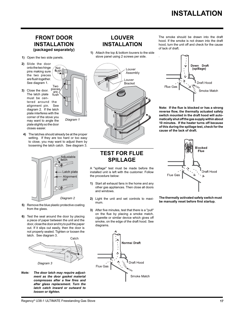 Installation, Test for flue spillage, Louver installation | Front door installation | Regency U38-LP1 User Manual | Page 17 / 32