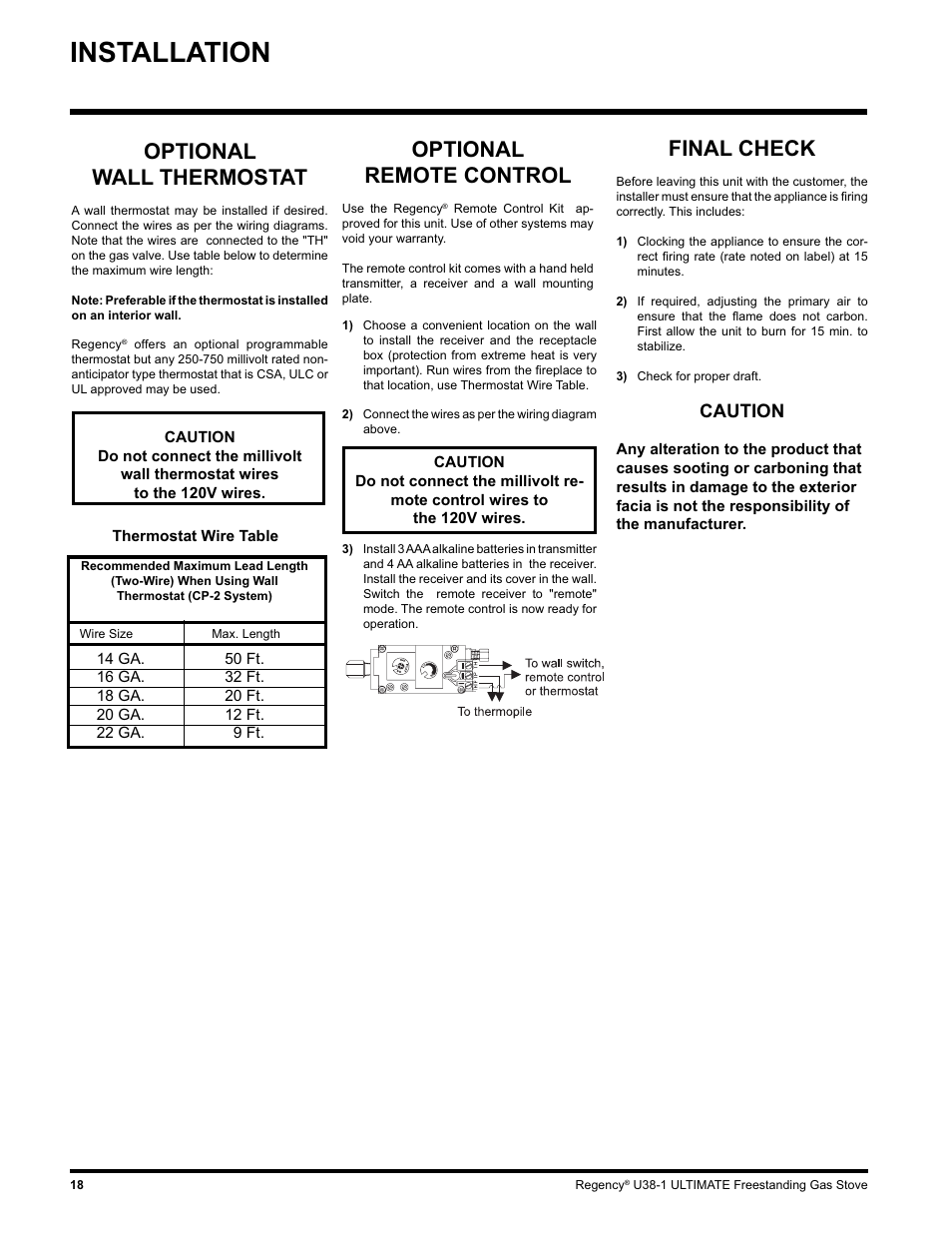 Installation, Optional remote control, Final check | Optional wall thermostat, Caution | Regency U38-LP1 User Manual | Page 18 / 32