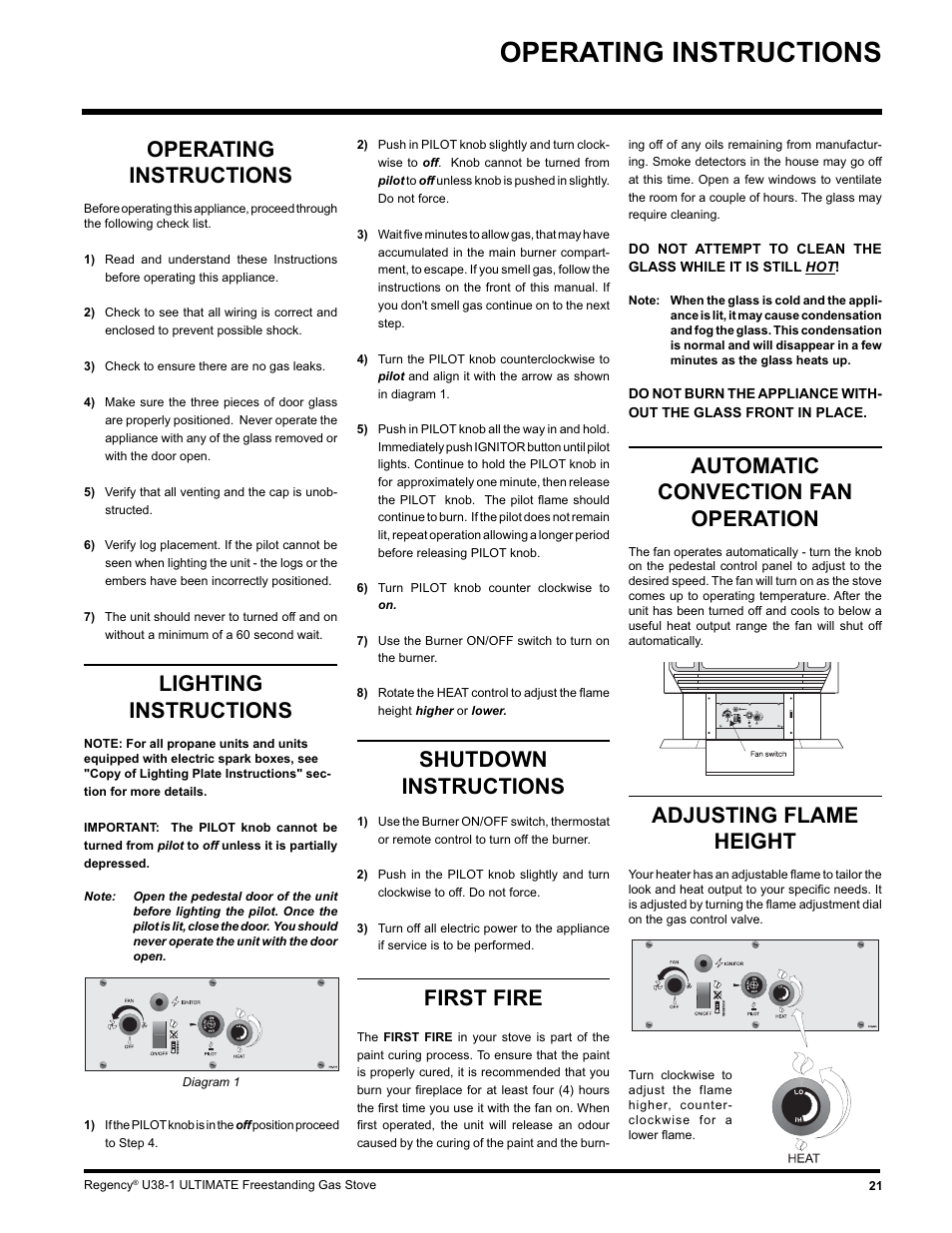 Operating instructions, Shutdown instructions, First fire | Lighting instructions, Automatic convection fan operation, Adjusting flame height | Regency U38-LP1 User Manual | Page 21 / 32