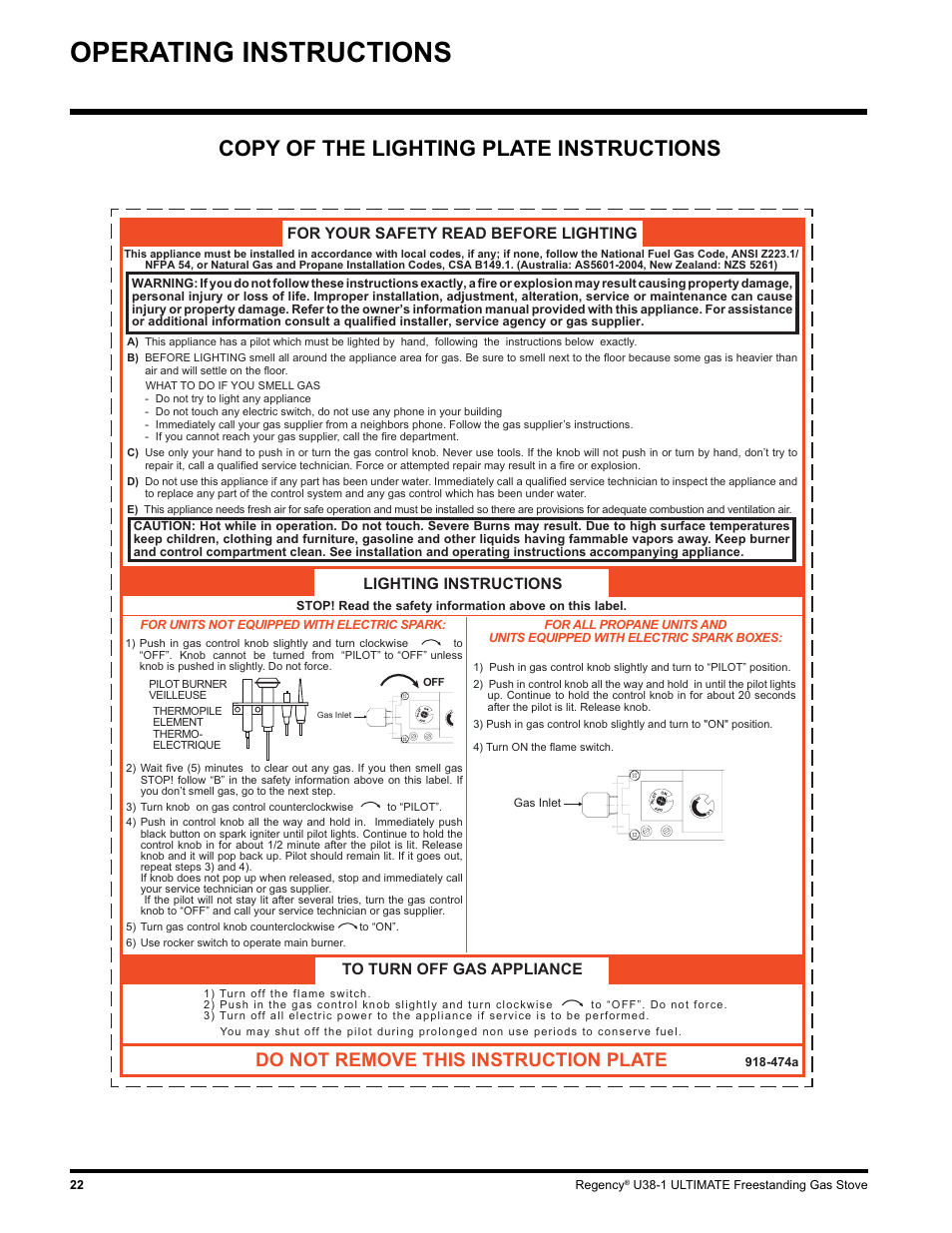 Operating instructions, Copy of the lighting plate instructions, Do not remove this instruction plate | Regency U38-LP1 User Manual | Page 22 / 32