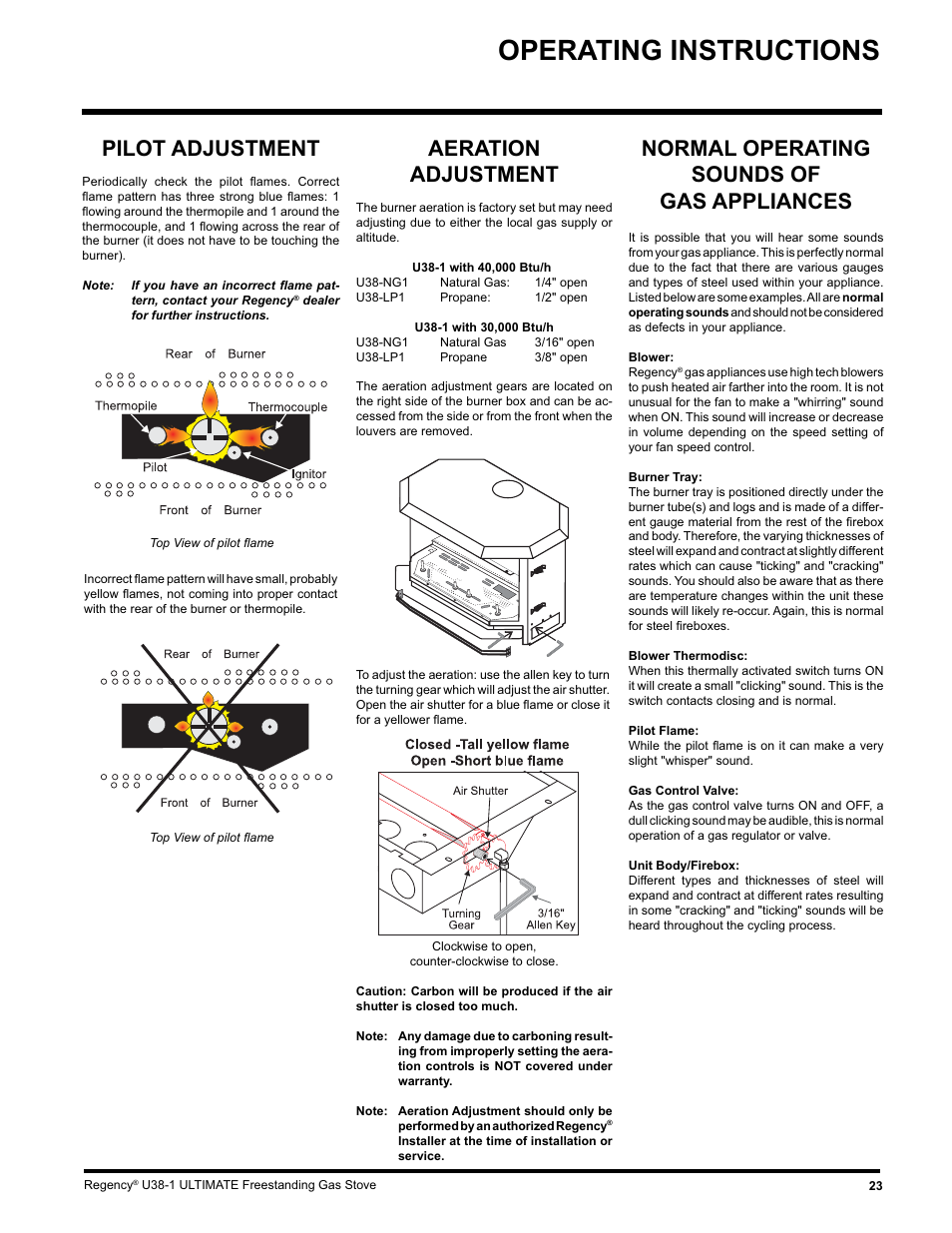 Operating instructions, Normal operating sounds of gas appliances, Aeration adjustment | Pilot adjustment | Regency U38-LP1 User Manual | Page 23 / 32