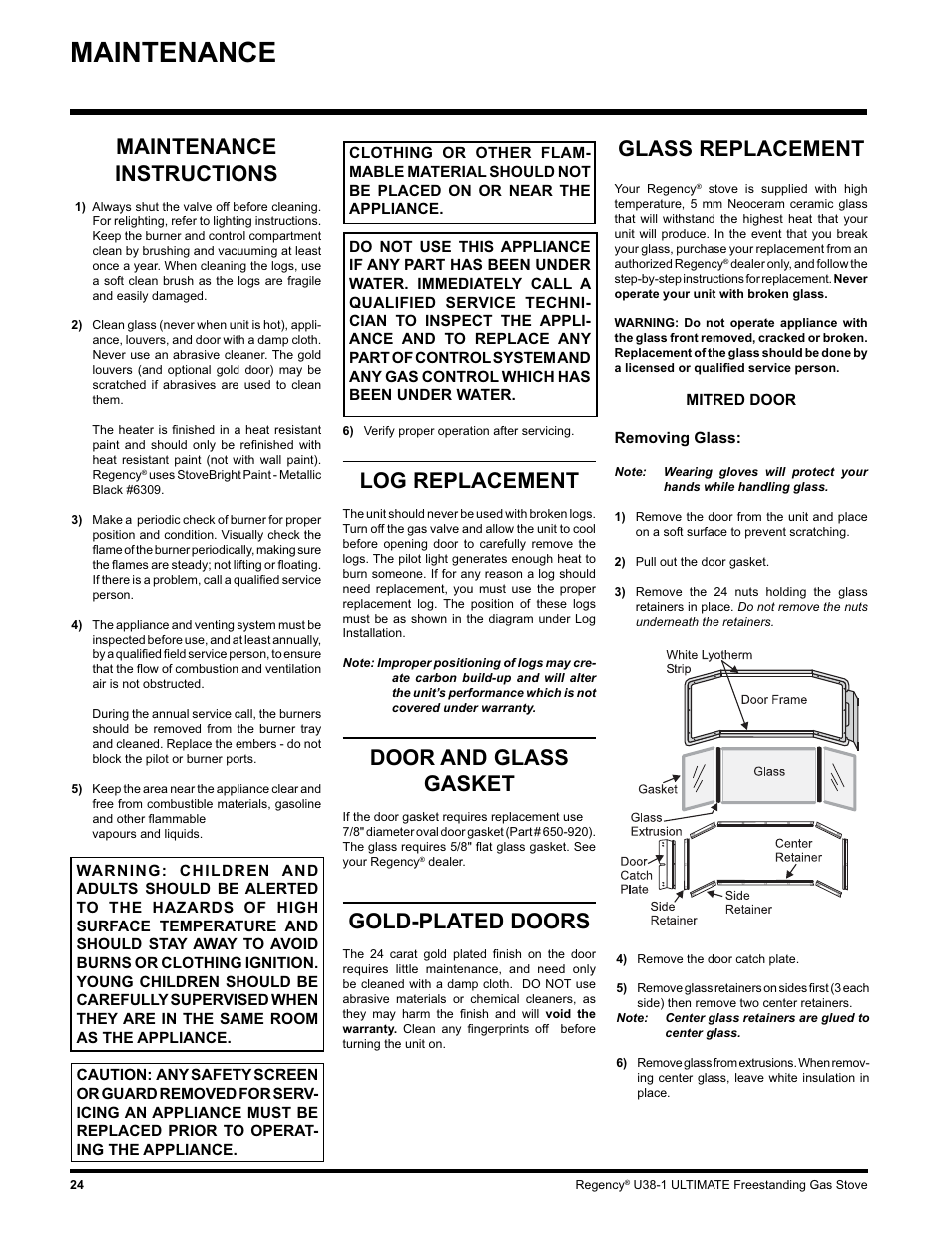 Maintenance, Maintenance instructions, Log replacement | Door and glass gasket, Gold-plated doors, Glass replacement | Regency U38-LP1 User Manual | Page 24 / 32