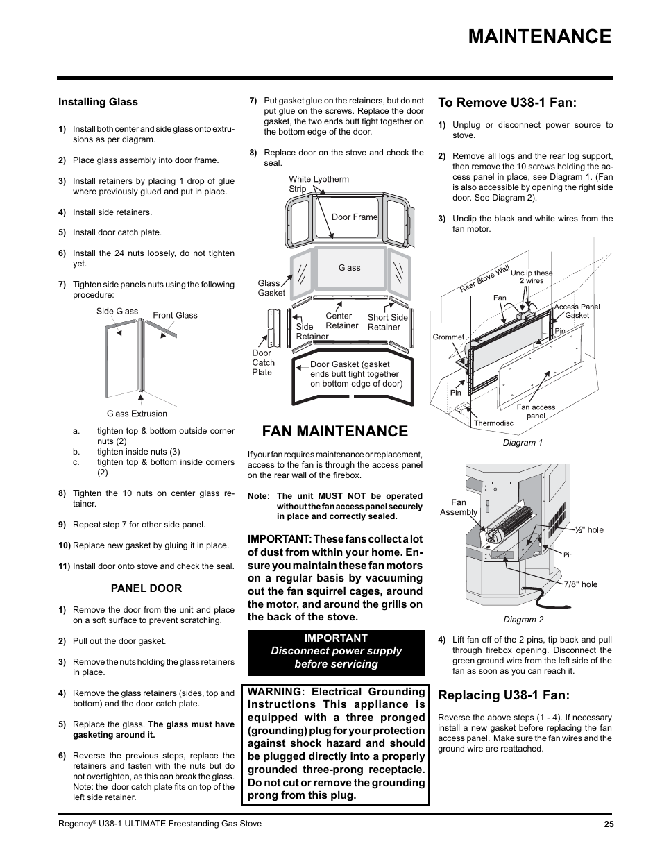 Maintenance, Fan maintenance, Replacing u38-1 fan | Regency U38-LP1 User Manual | Page 25 / 32