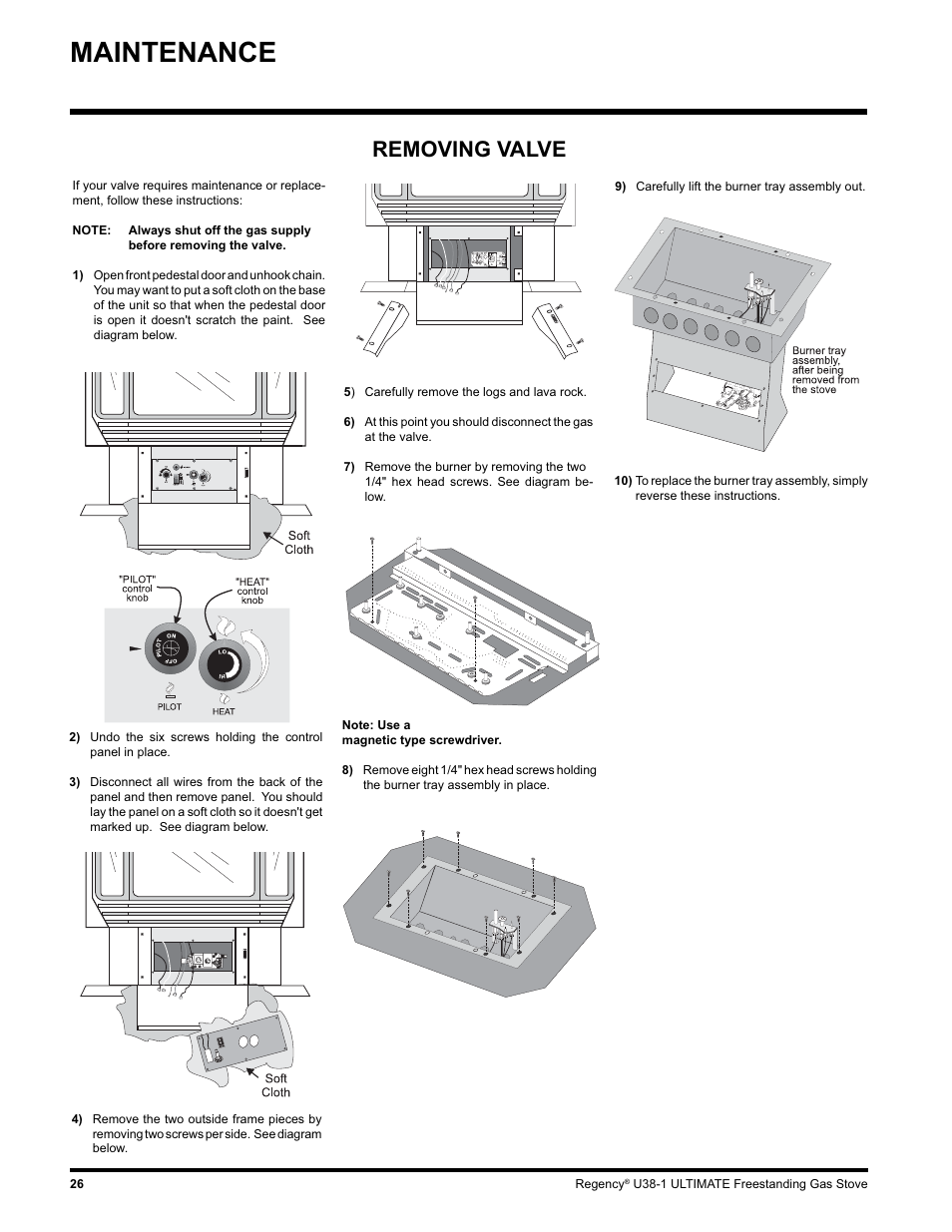 Maintenance, Removing valve | Regency U38-LP1 User Manual | Page 26 / 32