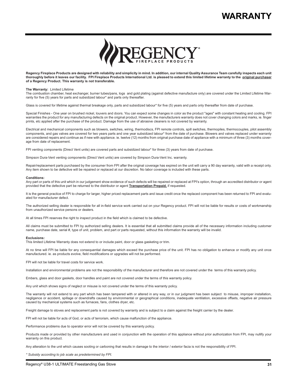 Warranty | Regency U38-LP1 User Manual | Page 31 / 32