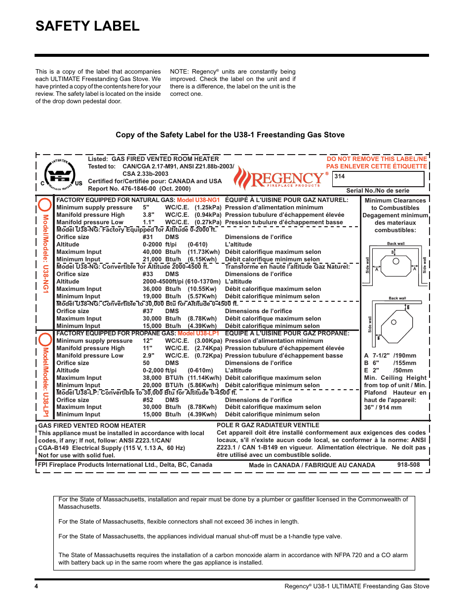 Safety label | Regency U38-LP1 User Manual | Page 4 / 32