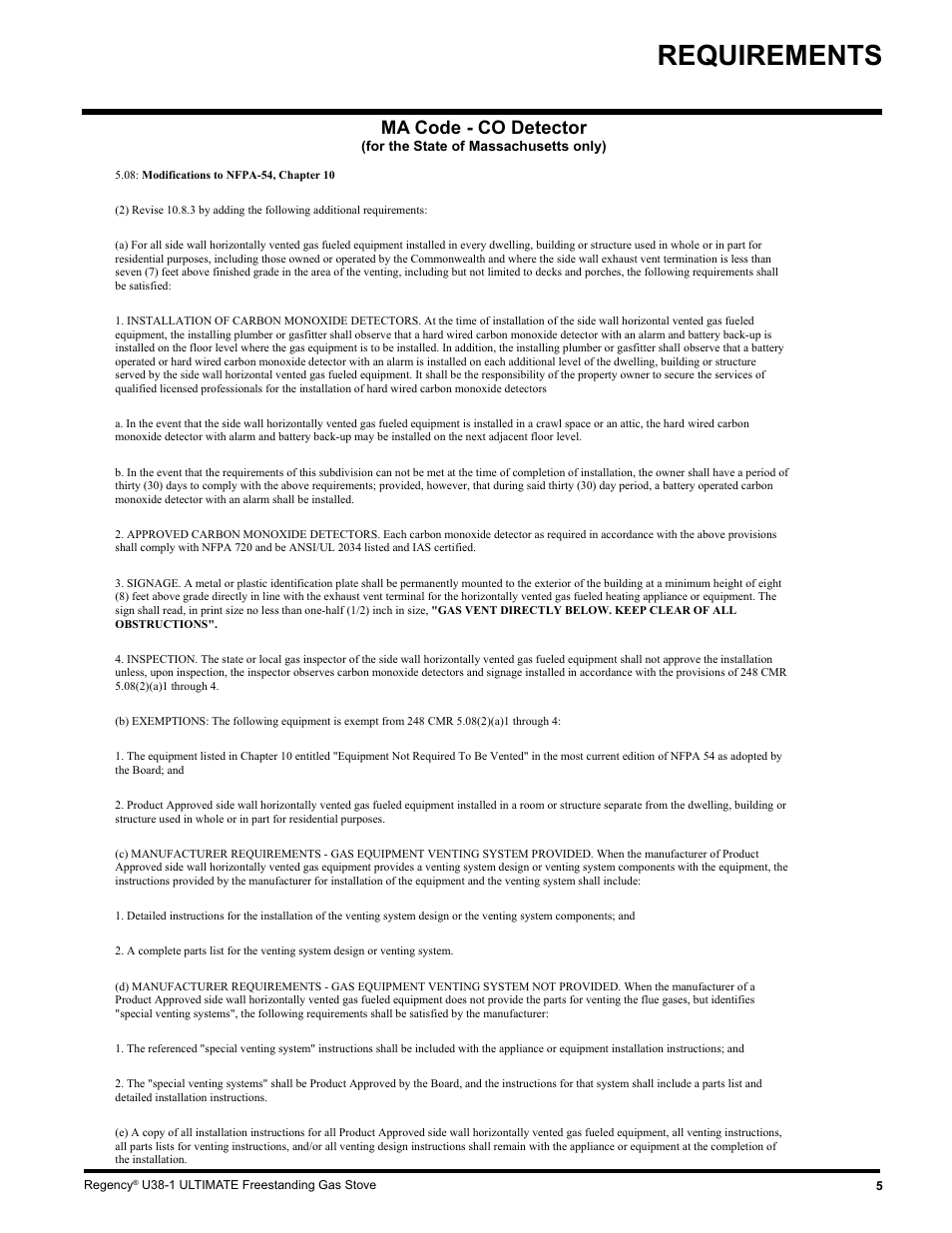 Requirements, Ma code - co detector | Regency U38-LP1 User Manual | Page 5 / 32