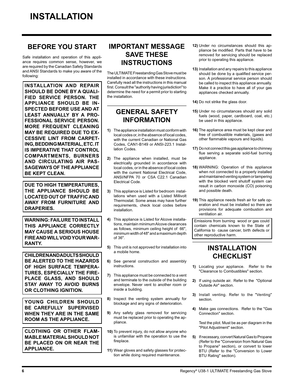 Installation, Before you start, Important message save these instructions | General safety information, Installation checklist | Regency U38-LP1 User Manual | Page 6 / 32