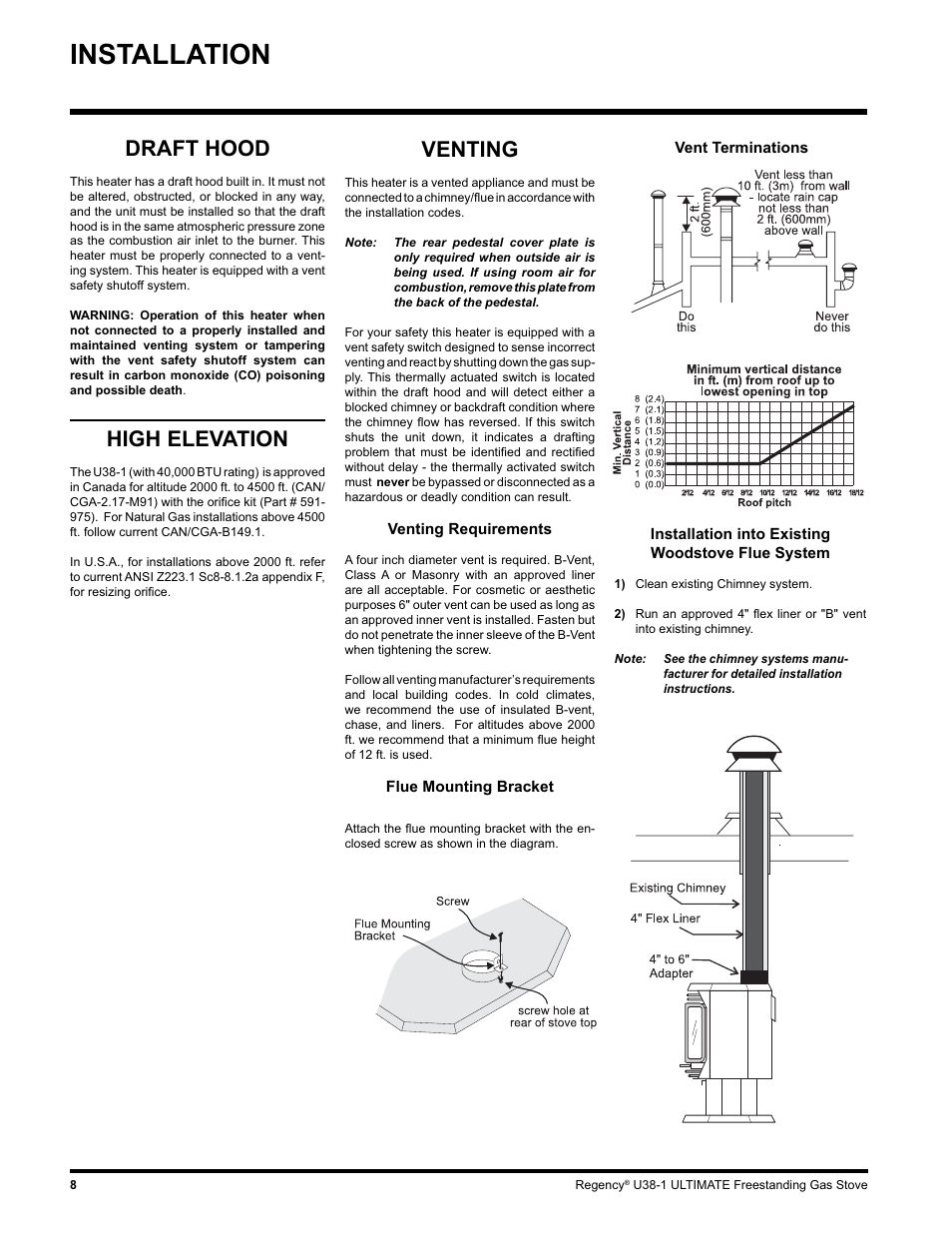 Installation, Venting, Draft hood | High elevation | Regency U38-LP1 User Manual | Page 8 / 32