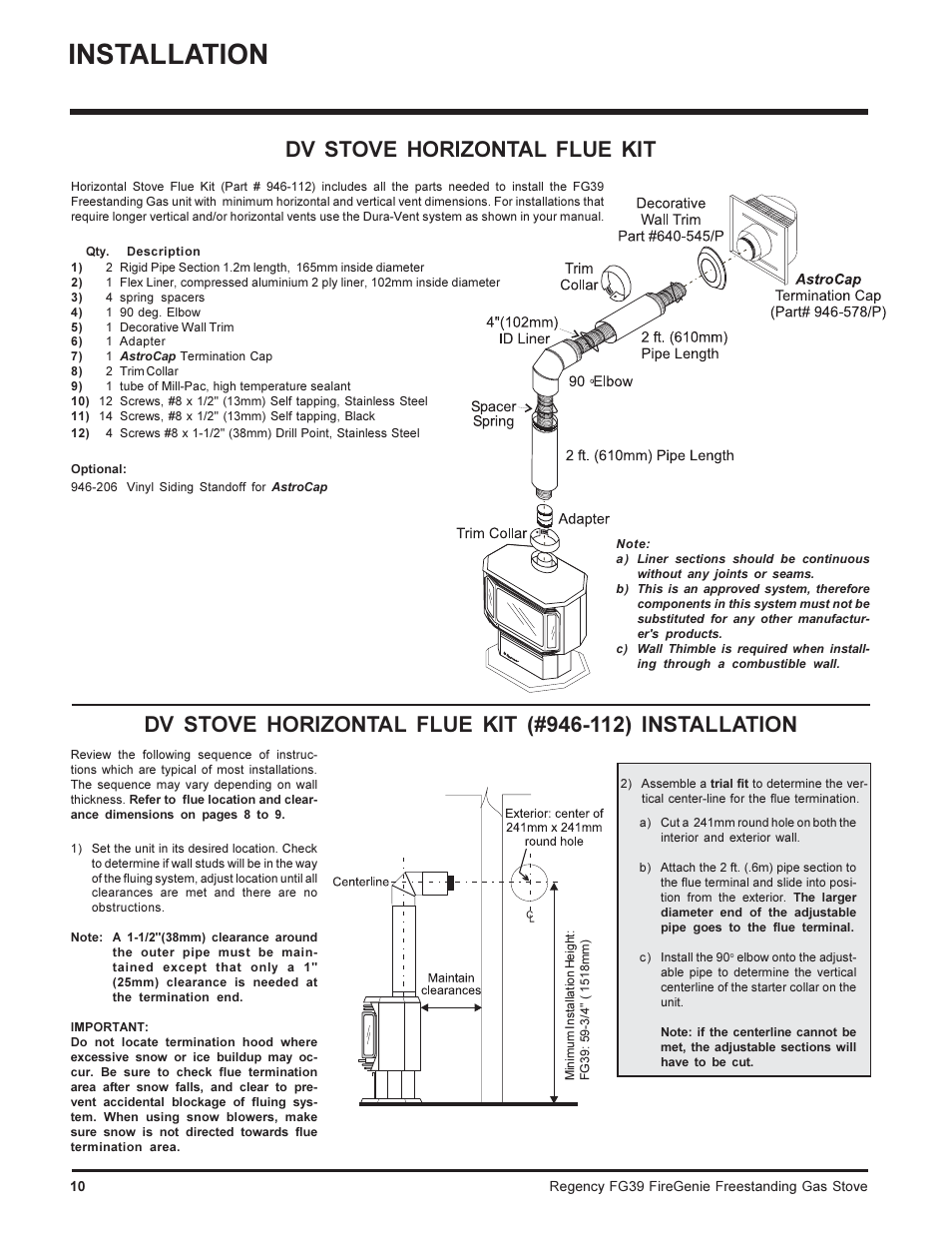 Installation, Dv stove horizontal flue kit | Regency FIREGENIE FG39-NG User Manual | Page 10 / 36