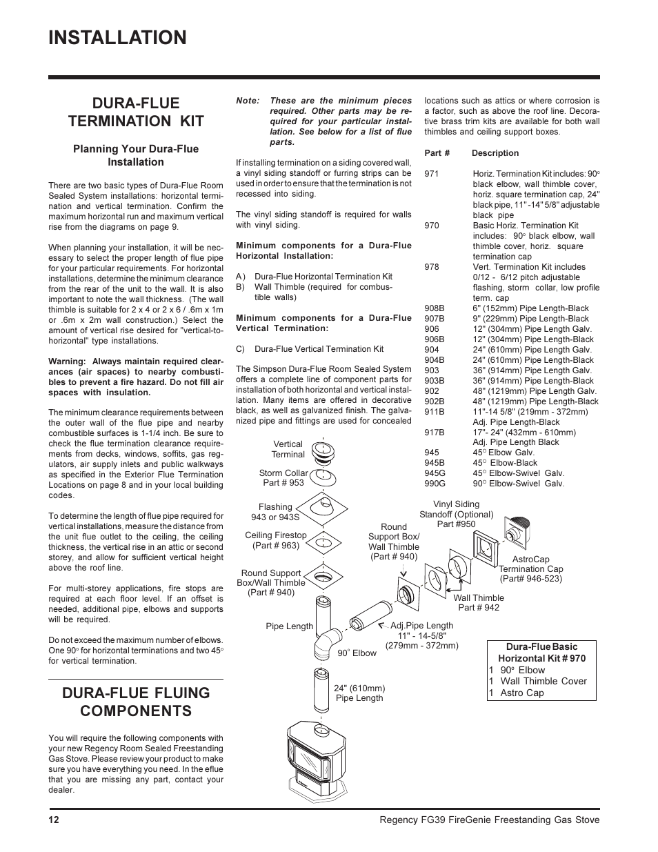 Installation, Dura-flue termination kit, Dura-flue fluing components | Regency FIREGENIE FG39-NG User Manual | Page 12 / 36