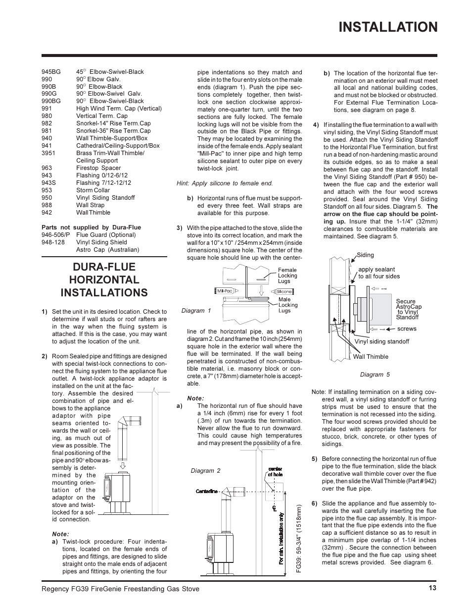 Installation, Dura-flue horizontal installations | Regency FIREGENIE FG39-NG User Manual | Page 13 / 36
