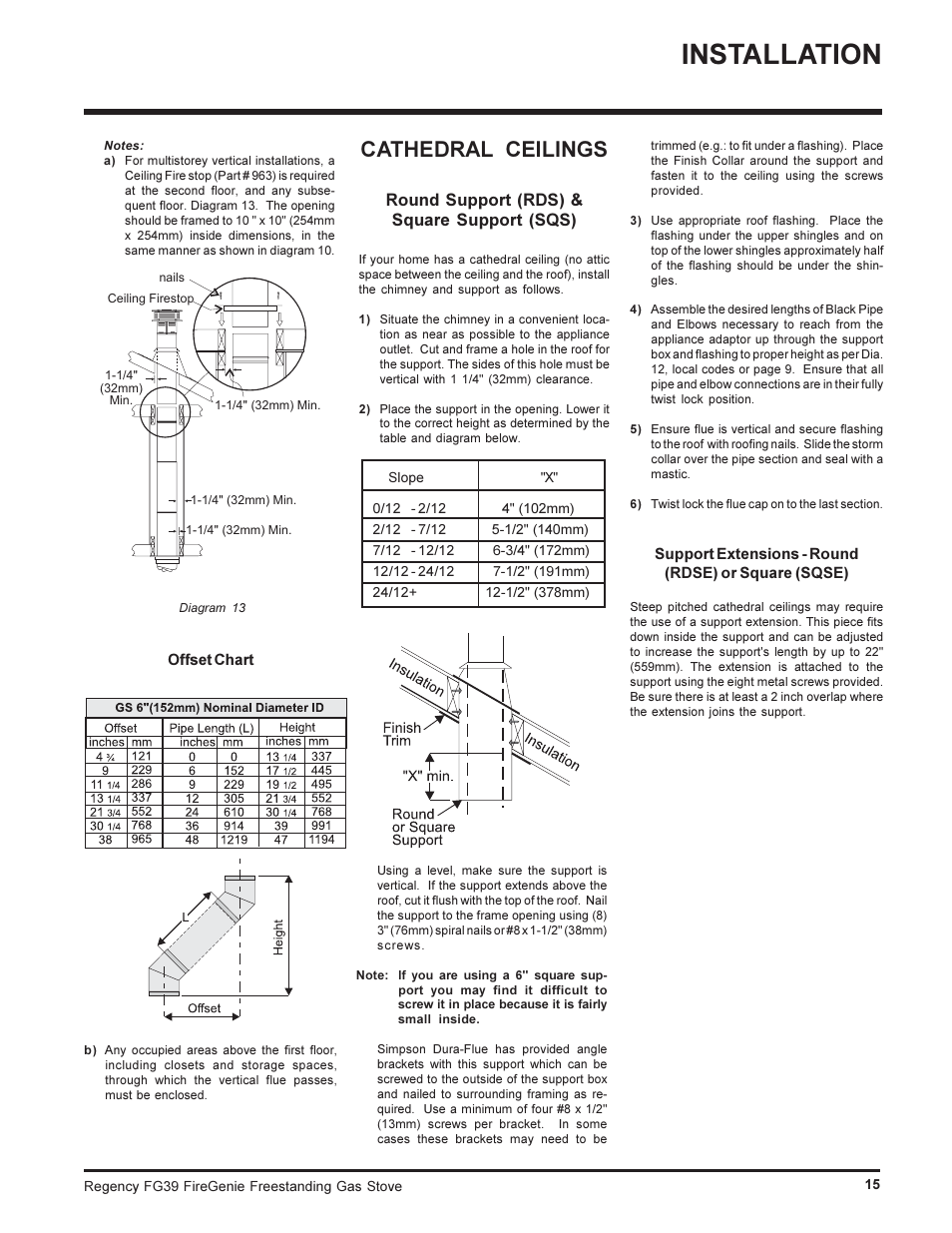 Installation, Cathedral ceilings, Round support (rds) & square support (sqs) | Regency FIREGENIE FG39-NG User Manual | Page 15 / 36