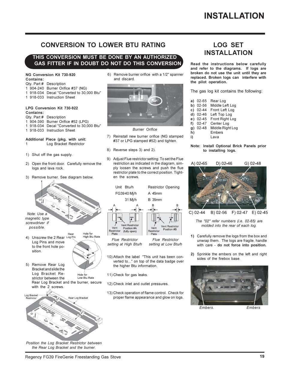 Installation, Log set installation, Conversion to lower btu rating | Regency FIREGENIE FG39-NG User Manual | Page 19 / 36