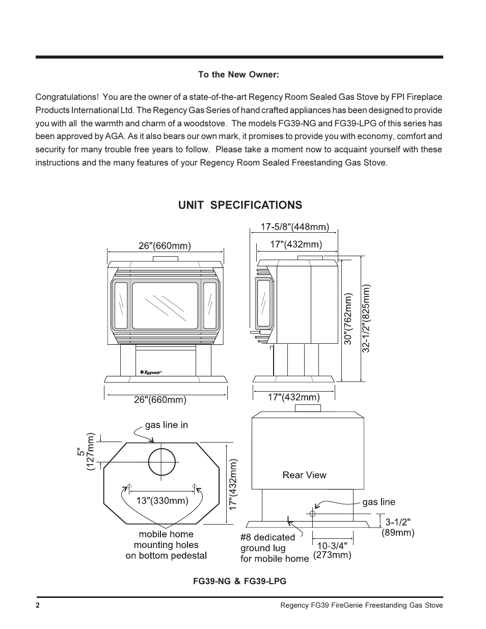 Unit specifications | Regency FIREGENIE FG39-NG User Manual | Page 2 / 36