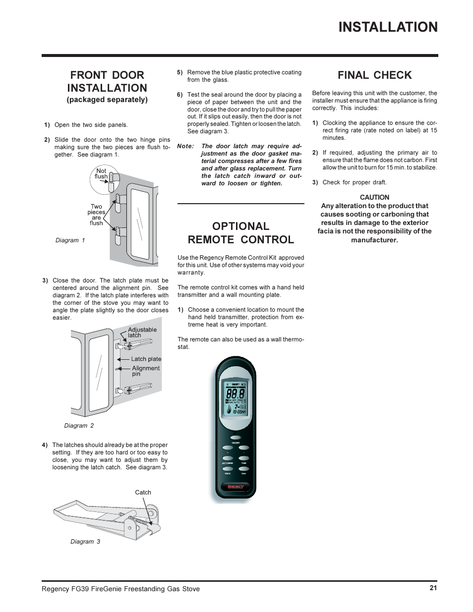 Installation, Front door installation, Optional remote control | Final check | Regency FIREGENIE FG39-NG User Manual | Page 21 / 36