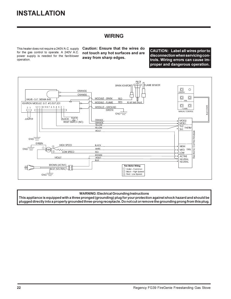 Installation, Wiring | Regency FIREGENIE FG39-NG User Manual | Page 22 / 36
