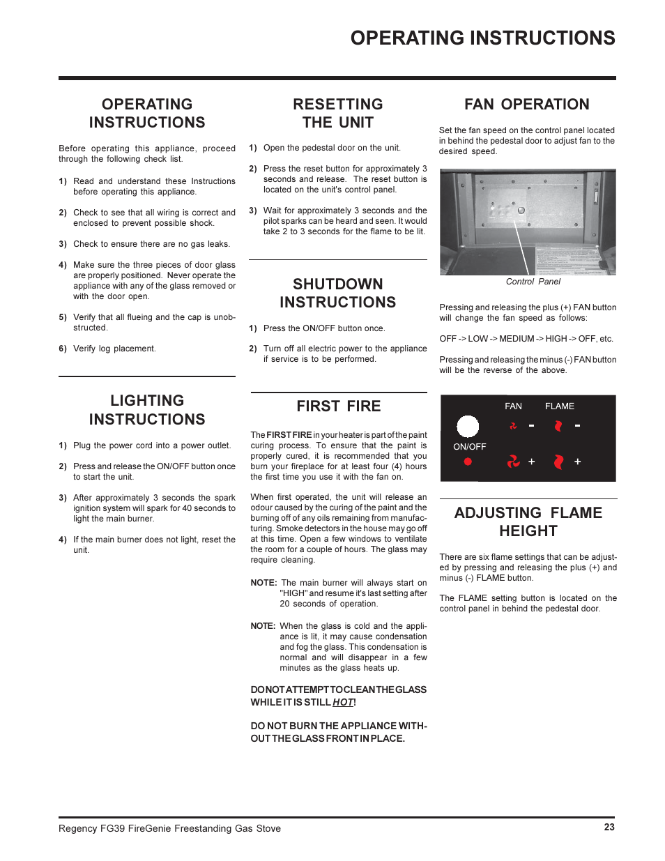 Operating instructions, First fire, Lighting instructions | Resetting the unit, Shutdown instructions, Fan operation, Adjusting flame height | Regency FIREGENIE FG39-NG User Manual | Page 23 / 36