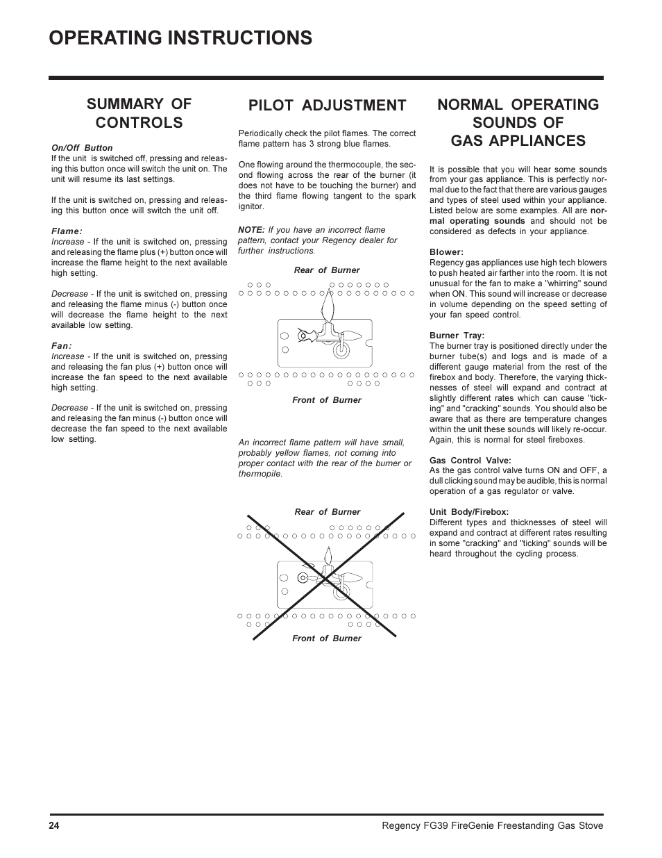 Operating instructions, Normal operating sounds of gas appliances, Summary of controls | Pilot adjustment | Regency FIREGENIE FG39-NG User Manual | Page 24 / 36