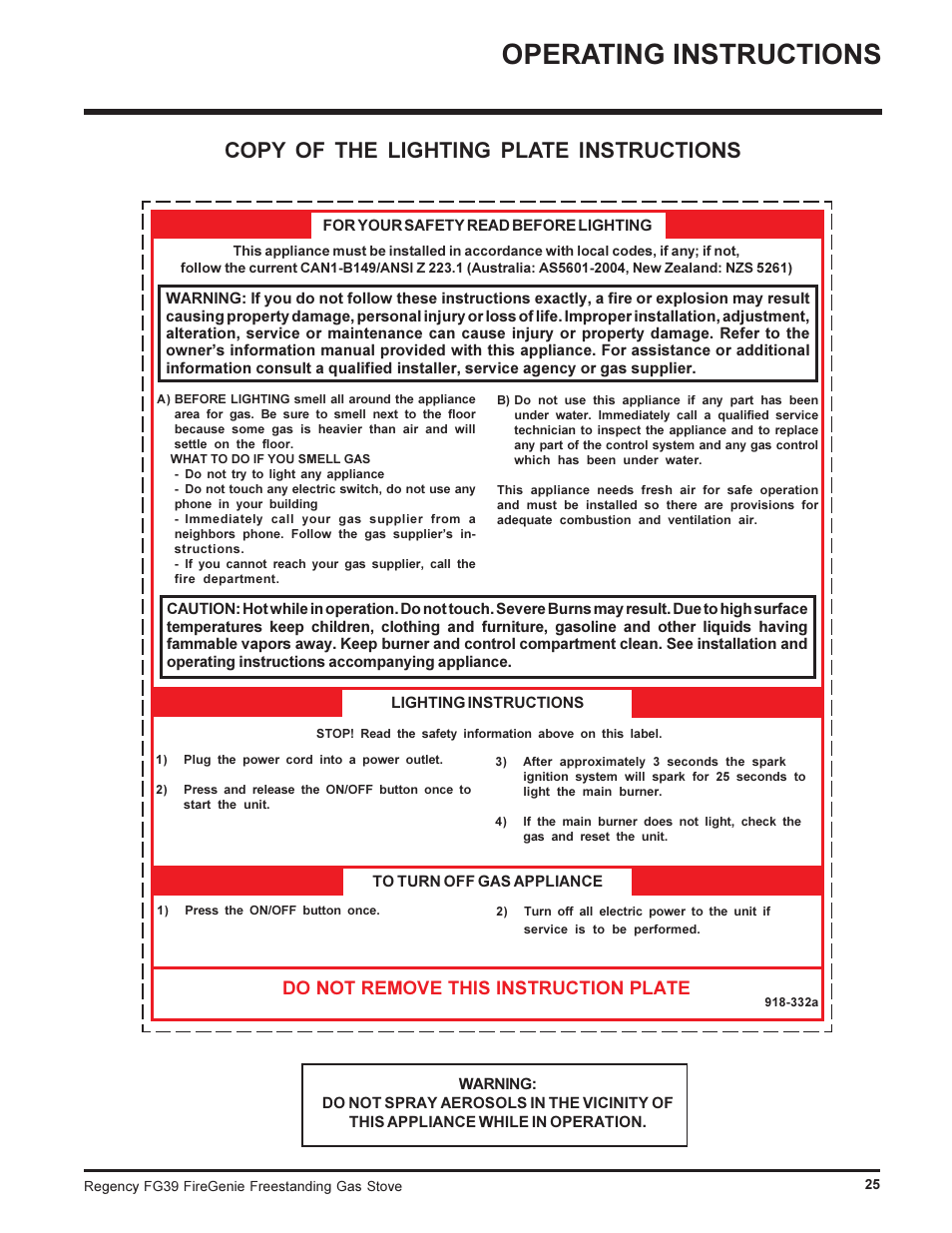 Operating instructions, Copy of the lighting plate instructions, Do not remove this instruction plate | Regency FIREGENIE FG39-NG User Manual | Page 25 / 36