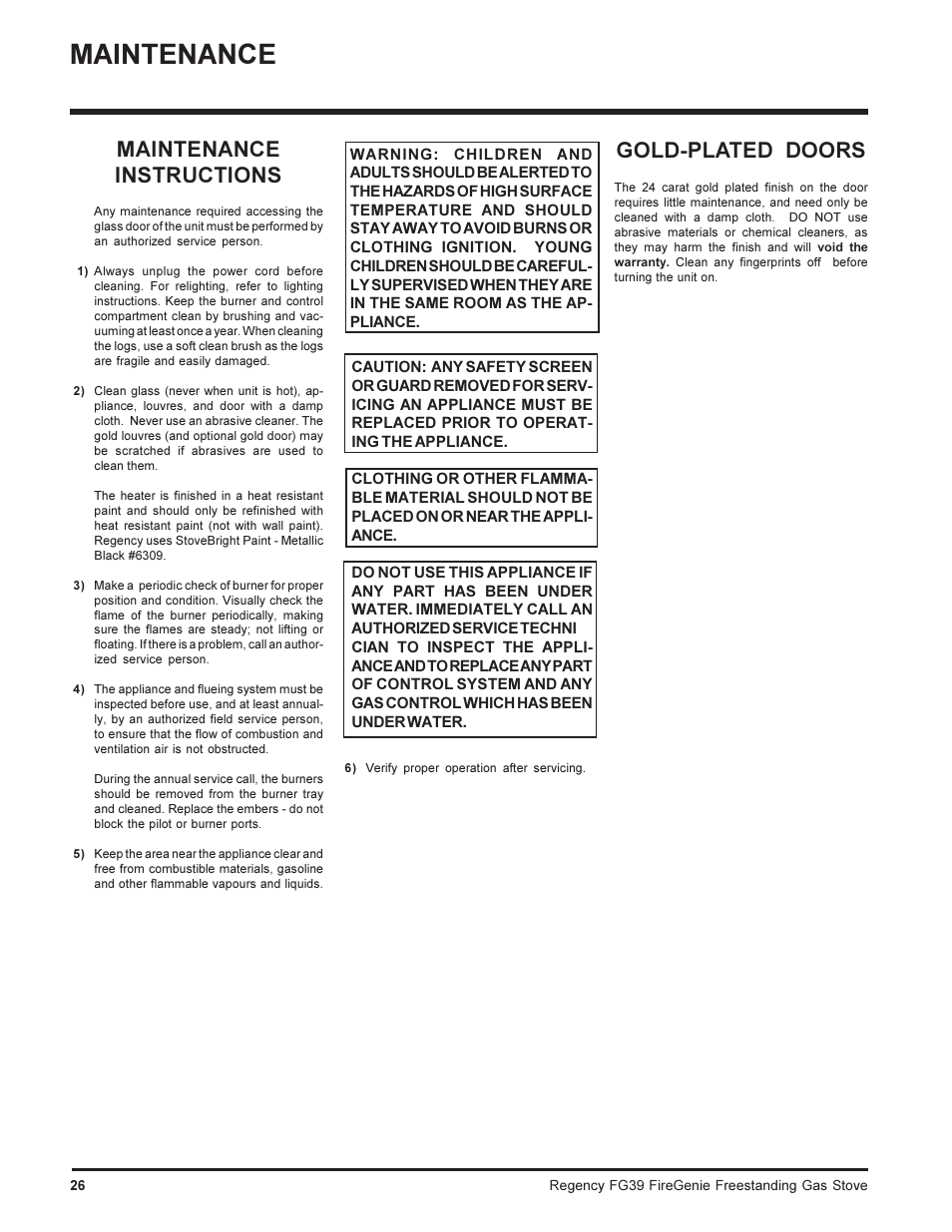 Maintenance, Maintenance instructions, Gold-plated doors | Regency FIREGENIE FG39-NG User Manual | Page 26 / 36