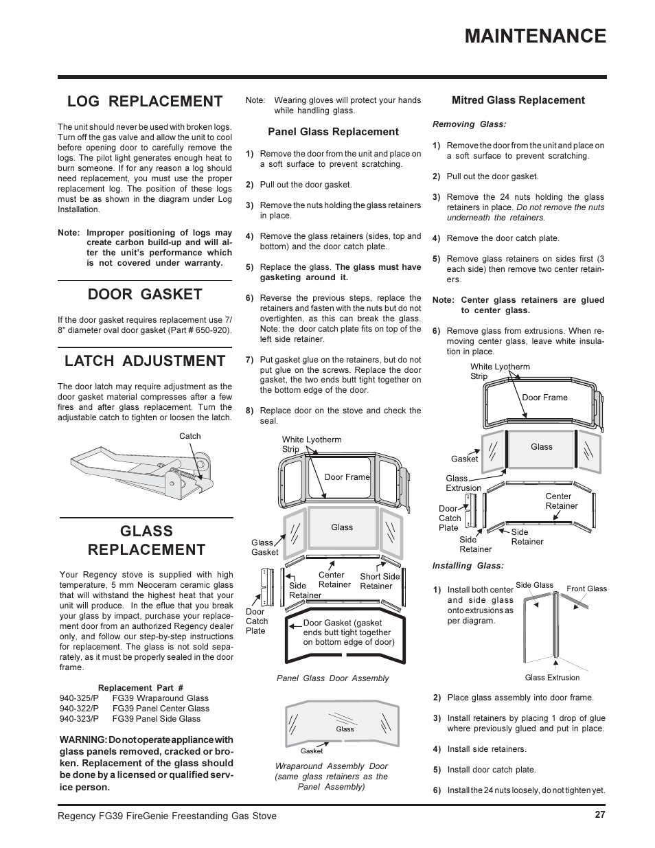 Maintenance, Log replacement, Door gasket | Latch adjustment, Glass replacement | Regency FIREGENIE FG39-NG User Manual | Page 27 / 36