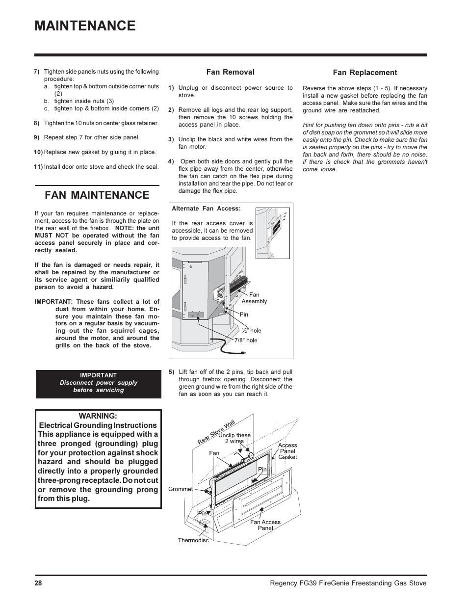 Maintenance, Fan maintenance | Regency FIREGENIE FG39-NG User Manual | Page 28 / 36
