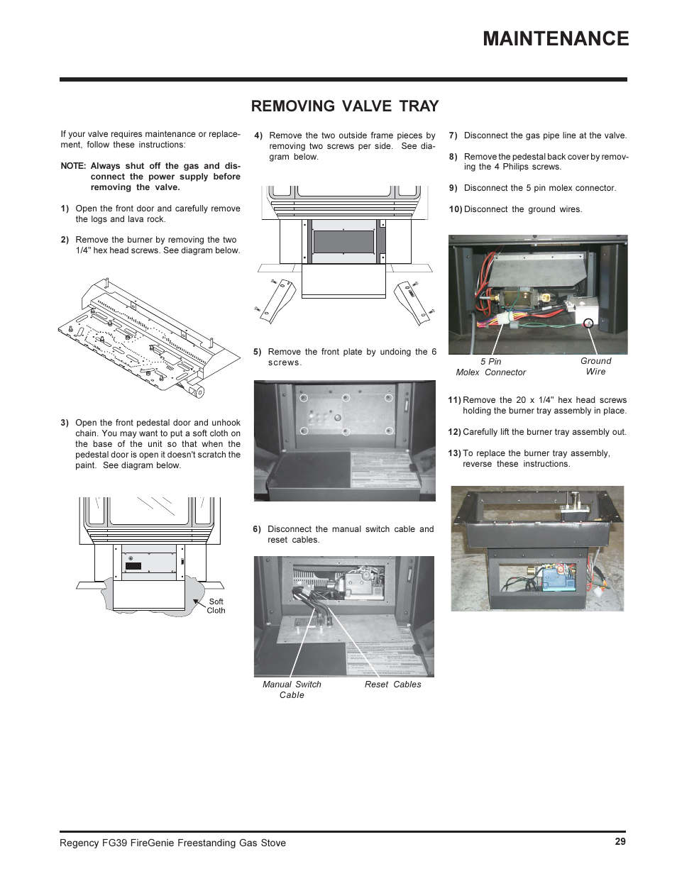 Maintenance, Removing valve tray | Regency FIREGENIE FG39-NG User Manual | Page 29 / 36