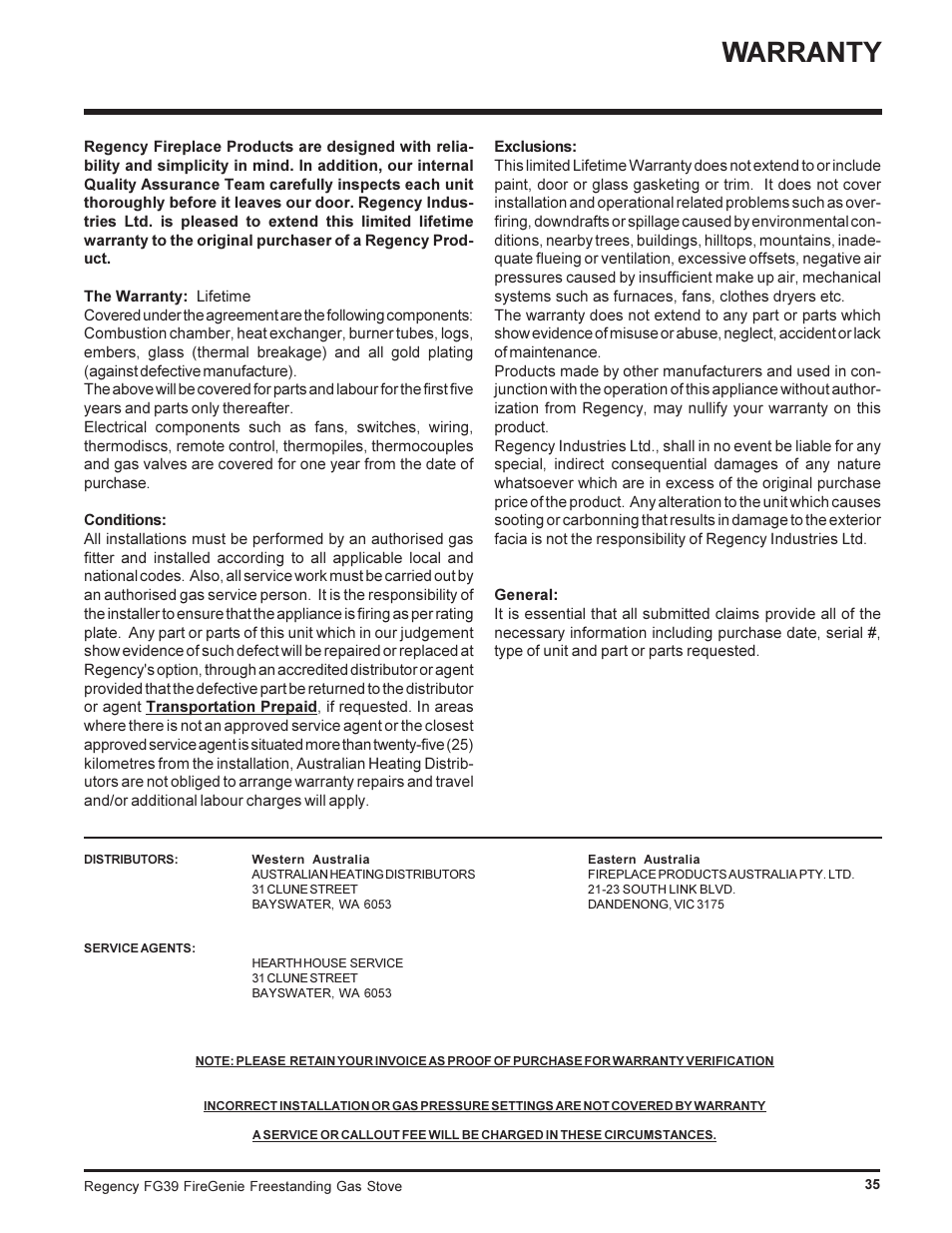 Warranty | Regency FIREGENIE FG39-NG User Manual | Page 35 / 36