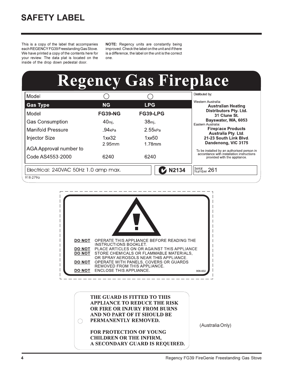 Safety label | Regency FIREGENIE FG39-NG User Manual | Page 4 / 36